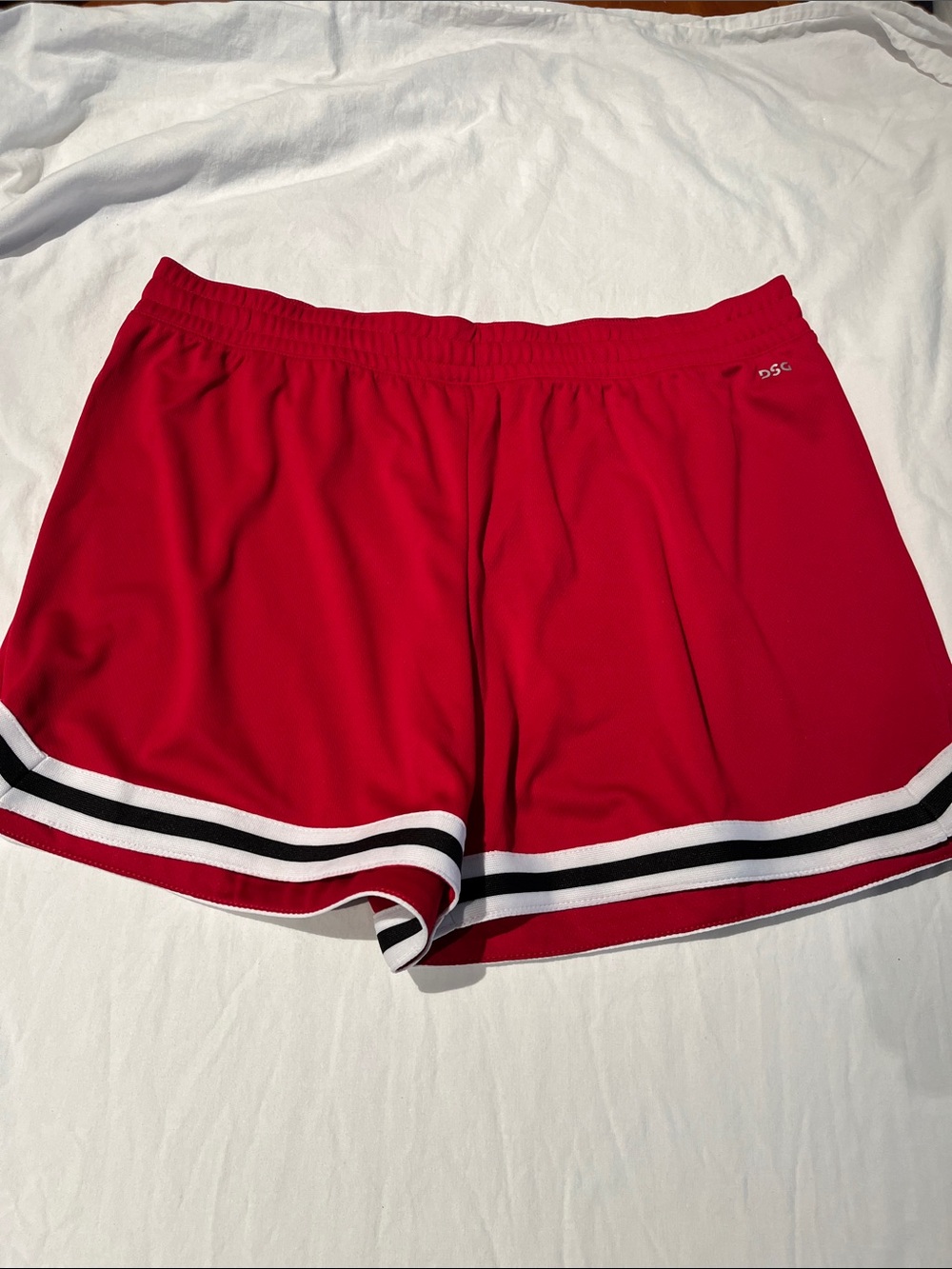 DSG Red Athletic Shorts with Black and White Stripe, size large